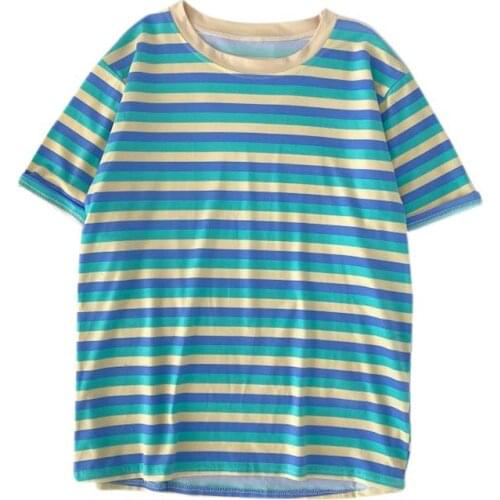 Women Rainbow Striped Punk T-shirt O-Neck Casual Harajuku Short Sleeve Korean Summer Tee Tops