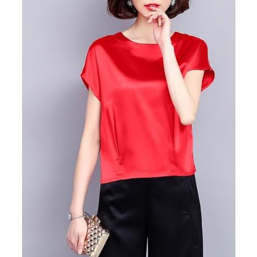 Imitation Silk Shirts Female 2021 New Womens Short Sleeve T-shirt Large Size M-4XL Slim Elegant Tops Blouse Womens Summer Tops