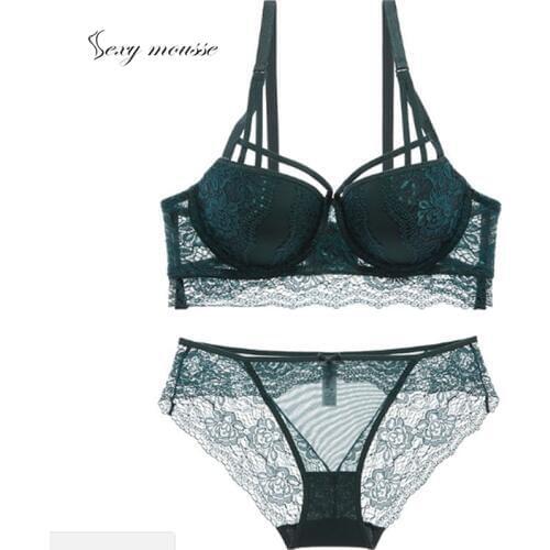 Sexy mousse straps push up lace lingerie underwear for women embroidery bra and briefs sets green black red white