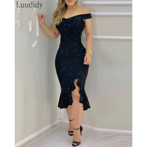 Women Sexy Shiny Glitter Off Shoulder Ruffles Slit Midi Dress Sexy Party Night Dress