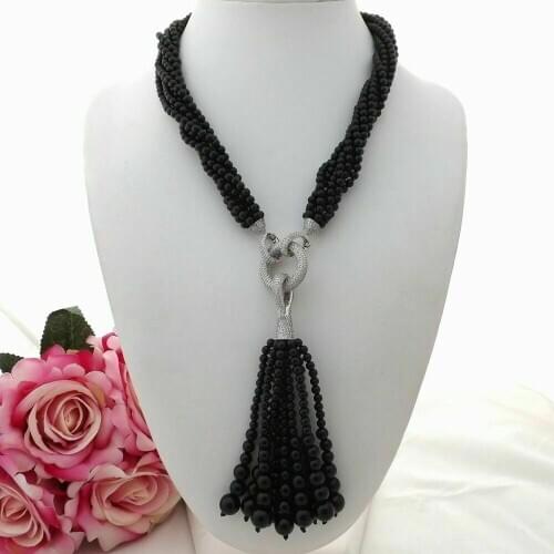 20" 7Stands 4mm Onyx Necklace Zircon Pendant