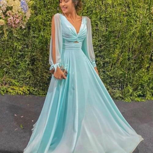 2021 New Design Simple Custom Made Mint V Neck Long Sleeves Chiffon Long Evening Dress Prom Dresses Gowns