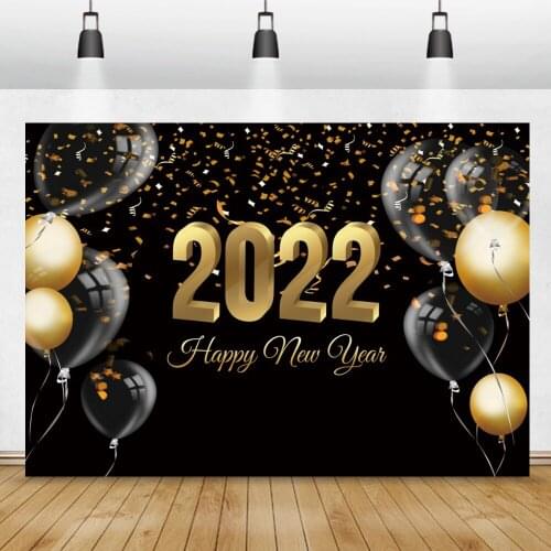 2022 Happy New Year Party Backdrop Black Golden Balloons Customized Poster Banner Portrait Photography Background Photo Studio
