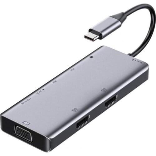 9-in-1 Docking Station Triple Display Adapter 2 HDMI-compatible VGA PD3.0 Micro-SD/TF Card Reader 3.5mm Audio USB-C Hub