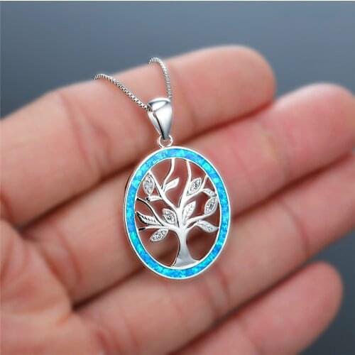 White Gold Life Tree Pendant Blue Fire Opal Necklaces For Women Wedding Jewelry Bridal Engagement Necklace Couple Promise Gift