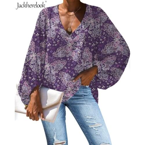 Jackherelook Women Blouse Purple Butterfly Animal Print Blouse Casual Loose Long Sleeve Shirt Tops Plus Size V-neck Clothing New