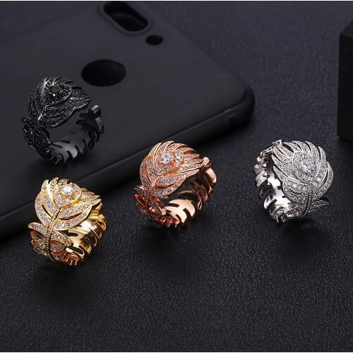 Jankelly Fashion design AAA cubic zirconia feather shaped pave setting open ring for women accessories,best quality