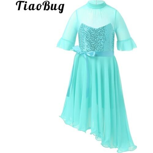 TiaoBug Kids Girls Halter Neck Shiny Sequin Irregular Ballroom Stage Latin Dance Dress Tulle Dance Skating Ice Skating Jumpsuit