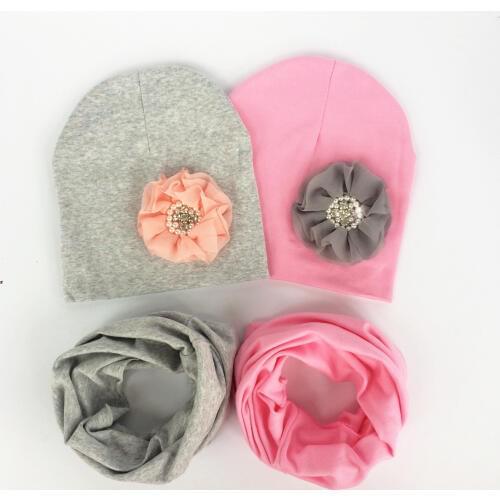 Band toddler girl flower hat baby cap Collar Scarf set floral diamond pearl cotton beanie for girls bonnet 1-3 years
