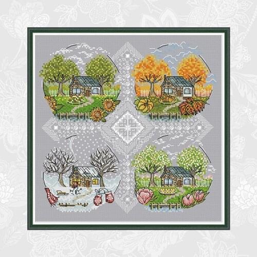 Hut Four Seasons Counted Printed Cross Stitch Kits Sale, DMC Embroidery Needlework Set, Home Decoration Send Accessory Tools