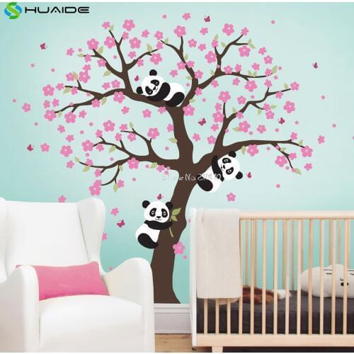 Cute Panda and Cherry Blossom Tree Wall Decal For Nursery Large Tree Wall Stickers For Kids Room Girl Boy Room Wall Tattoo A400