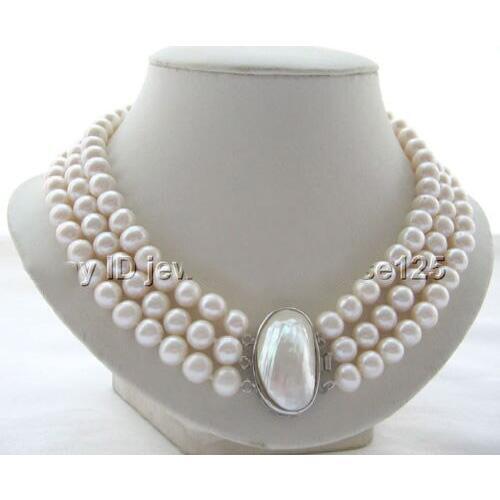 Charming 17-19" 3row 10mm natural white round freshwater pearl necklace