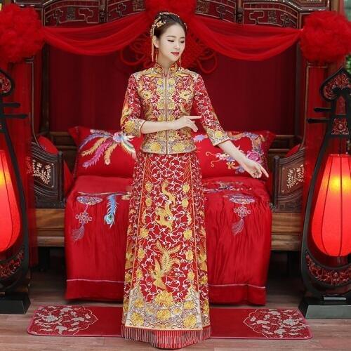 Dragon gown bride wedding dress chinese style costume Phoenix cheongsam evening dress show clothing slim Style for the Wedding