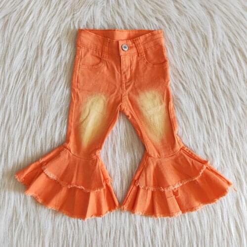 Promotion Jeans for Baby Girls Black Orange Double Laye Ruffles Bell Bottom Pants
