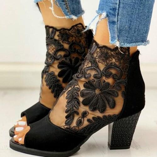 Fashion Women High Heels Peep Toe Lace Flower High Heel Ankle Strap Net Surface Hollow Sandals