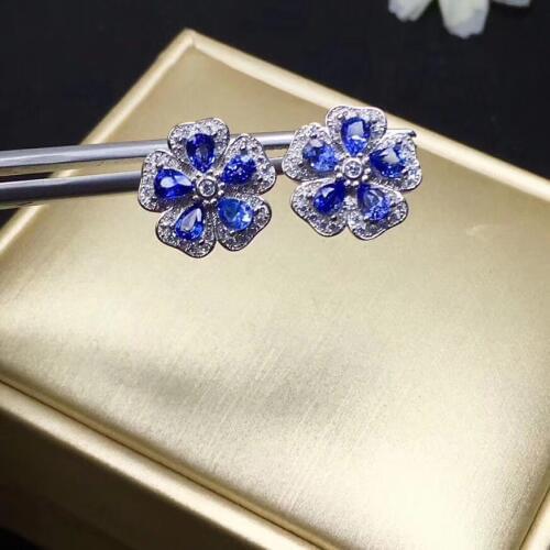 Sapphire stud earring Free shipping Jewelry Natural real sapphire Flower earring 925 silver Gem size