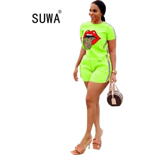 Mouth printing tracksuit jogger woman summer clothing short sleeve t-shirt tee + bikier shorts 2 pieces set