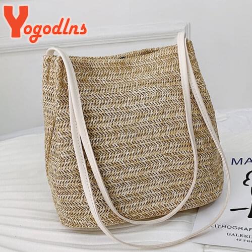 Yogodlns Summer Shoulder Straw Bag For Women Linen Woven Handbag Large Capacity Totes Bag Knitting Rattan Handle Bag Beach Bags