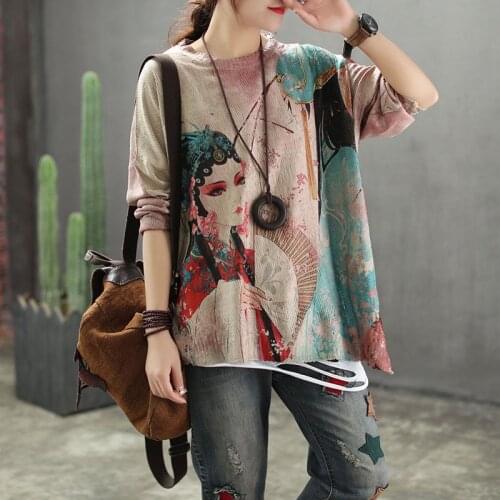 QPFJQD Retro Print Peking Opera Sweaters Women 2019 Spring Autumn O-Neck Long Sleeve Soft Knit Cotton Mori Girl Pullover Tops