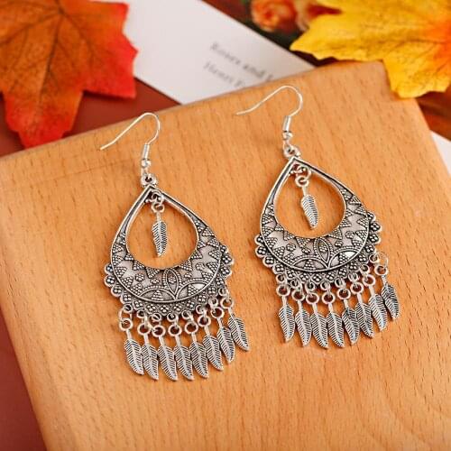 Thailand Gypsy Jewelry Alloy Silver Color Large Hollow Pendant Alloy Feather Tassel Pendant Earrings 2020 Jewelry