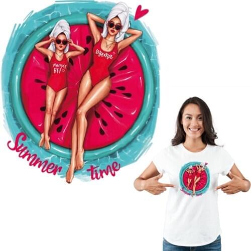 Yong Girl Sun Bath Iron-On Transfers For Clothing Washable Diy Heat Transfer T-Shirt Decoration Ironing Stickers Summer Time