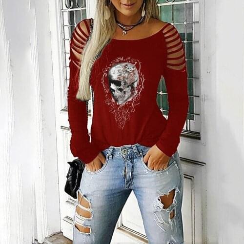 Plus Size Goth Hollow Out O Neck Long Sleeve T Shirt for Women Summer Spring Clothes Casual Loose Skull Print Tee Top Ladies