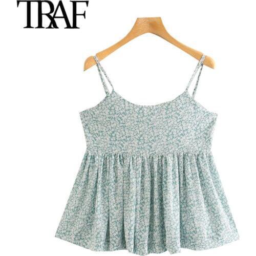 TRAF Women Sweet Fashion Printed Cropped Blouses Vintage Backless Lace-up Thin Straps Female Shirts Blusas Chic Tops
