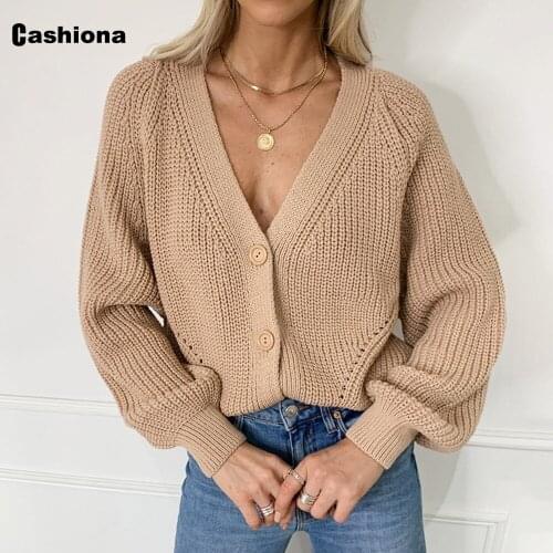 Cashiona Women Knitting Sweater Autumn New Femme V-neck Jumper Cardigans Sweaters Khaki White Fashion Top Womens Clothing 2020
