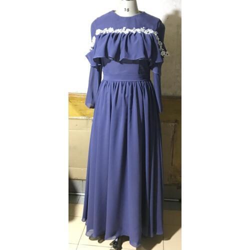 New Arrival O Neck Beaded Long Sleeve Ruffled Chiffon Floor Length Casual Prom Dresses 2019