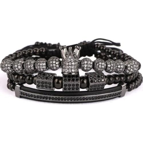 3pc/set Men Luxury CZ Crown Braided Micro Pave Cubic Zirconia Stainless Steel Beads Charm Bracelet Jewelry for Women Men