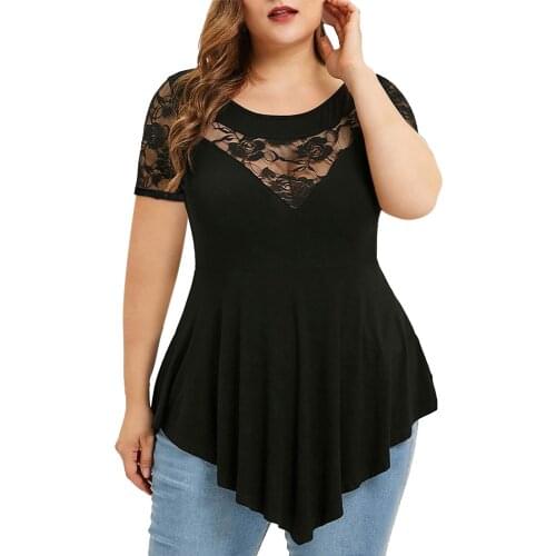 5XL Plus Size Tops Women Floral Lace Patchwork Asymmetric Shirts Solid Color O-Neck Short Sleeve Blouses Tops блузка женская