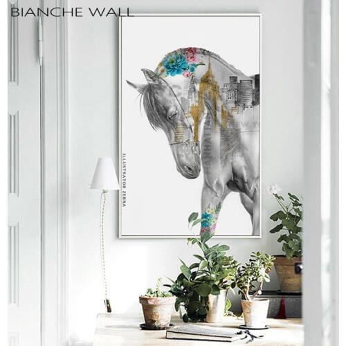 Abstract Flowers Building Shadow Creative Abstract Horse Landscape Canvas Poster Wall Art Print Painting Living Room Decoration