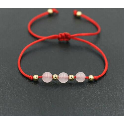 BPPCCR Gold Color Copper Beads & 6mm Pink Quartz Stone Thin Red Rope Thread String Braided Bracelets Women Gifts Pulsears