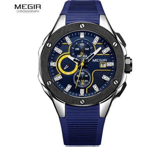 Men Sports Wrist Watches Chronograph Blue Silicone Strap Quartz Army Military Stopatches Clock Men Male Relogios Masculino 2053G