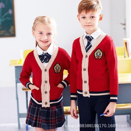 Childrens School Uniform Kids Autumn Winter Knitted Cardigan Red British Sweater 4pcs School Uniform Long Sleeve D-0589