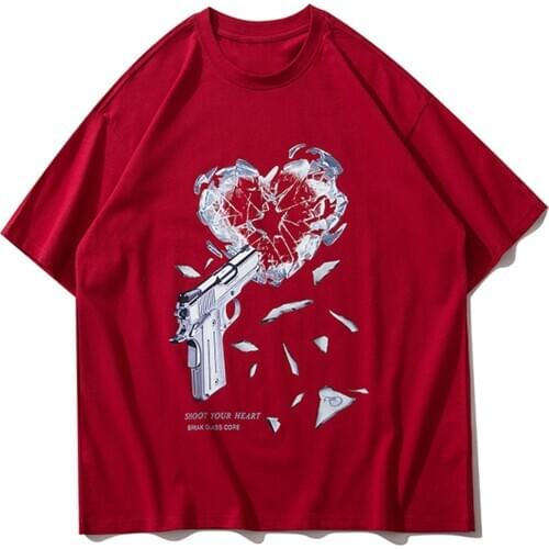 Gun Pistol Broken Heart Print T-Shirt Hip Hop 2021 Summer Men Tshirt Harajuku Cotton Streetwear Loose Short Sleeve Shirts Unisex
