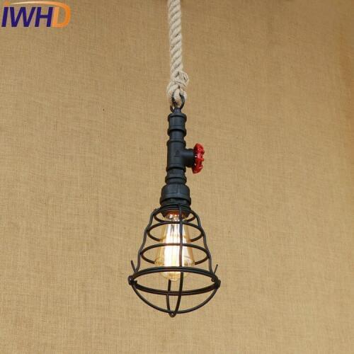 IWHD Loft Style Iron Water Pipe Pendant Light Fixtures Hemp Rope Edison Vintage Industrial Lighting Indoor Hanging Lamp