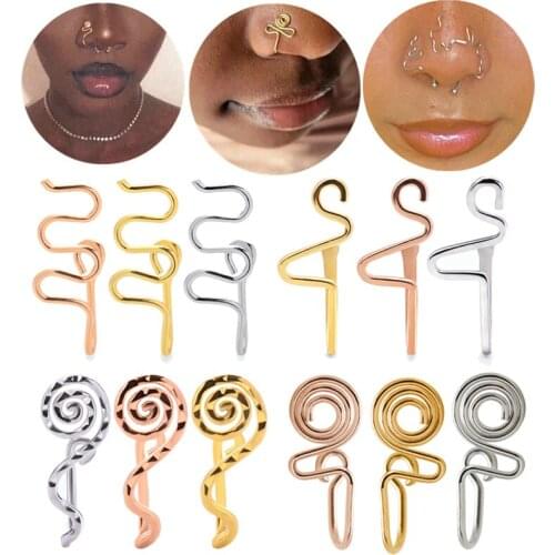 1PC Geometric Spiral Fake Piercing Nose Rings 2021 Punk Gold Silver Color Clip Nose Ring Ear Cuff Earring Women Nose Cuffs