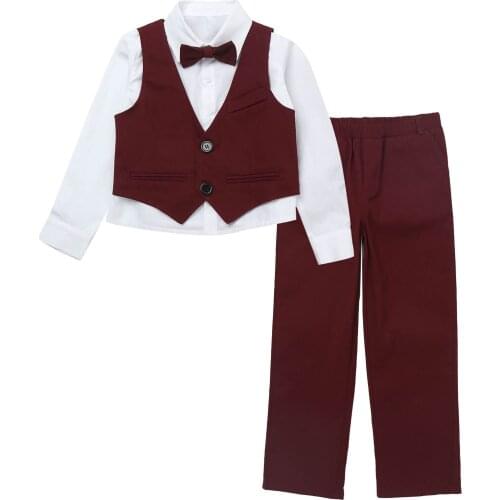 Fashion Boy Clothes Set Boys Formal Wedding Party Suits Cotton Bow Tie Long Sleeve Shirt+Vest+Trousers 4Pcs Kid Gentleman Outfit