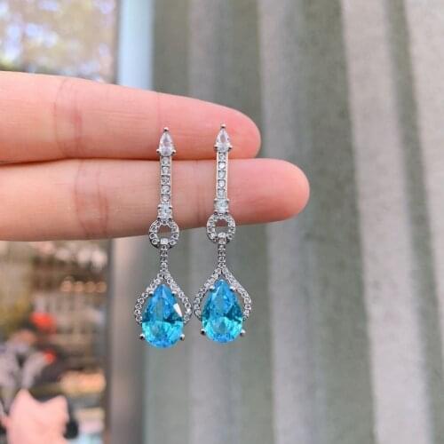 MOFLO Bling Bling Diamond Zircon Drop Shape Earrings Luxury Gold Plated Blue Paraiba Earrings For Women Gift