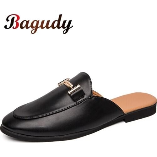 Men Designer Black Leather Slipper Shoes Luxury Brand Leather Flats Half Slipper Loafer Comfortable Casual Summer Office Sandals