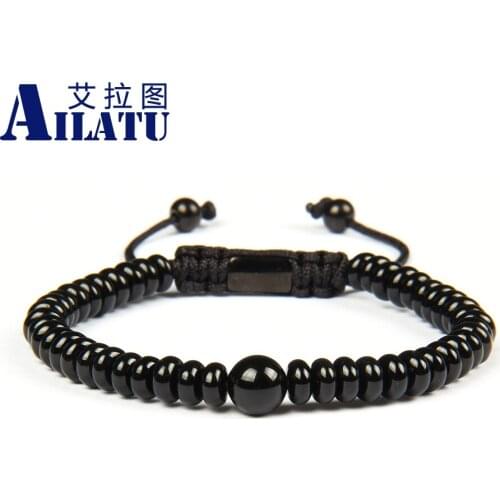Men Fashion Bracelet 6mm Natural Black Onyx Flat Bead Stone Adjustable Macrame Bracelet Nice Gift Logo Print Customized Jewelry