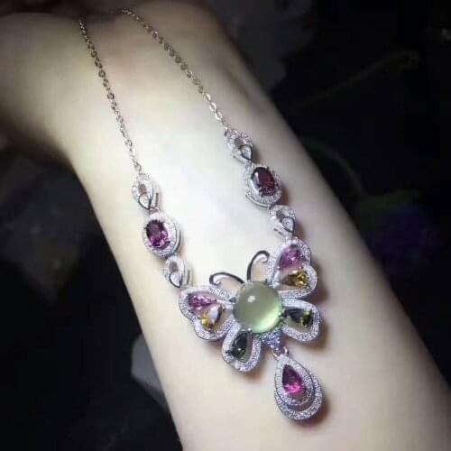 Natural multicolored tourmaline Pendant necklace S925 silver Natural green prehnite necklace Luxury butterfly party jewelery