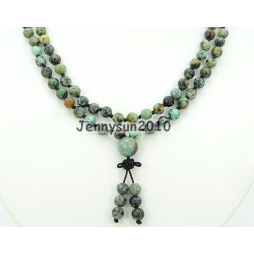 Natural African Tur-quoise 6mm Gems Stone Buddhist 108 Beads Prayer Mala Knot Necklace Multi-Purpose 5Strands/Pack