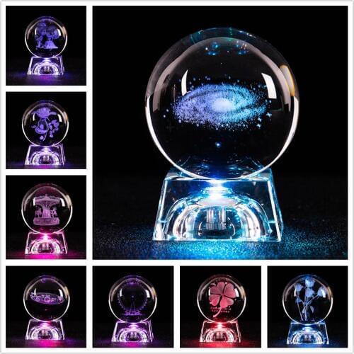 3D Engraved Crystal Ball Night Light with luminous Bse Galaxy solar system Rose Elk for Home Table Decor Kids Birthday Xmas Gift