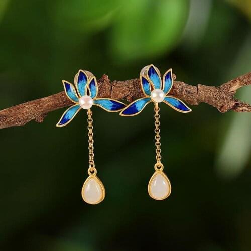 Original New Flange Porcelain Pearl Hetian Jade Drop Shaped Earrings Antique Creative Design Ladies Silver Jewelry