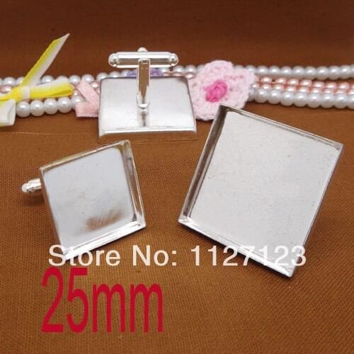 Silver plated 100piece/lot w/ 25mm square pad cameo/cabochon setting square bezel blank cufflink blanks cufflinks findings