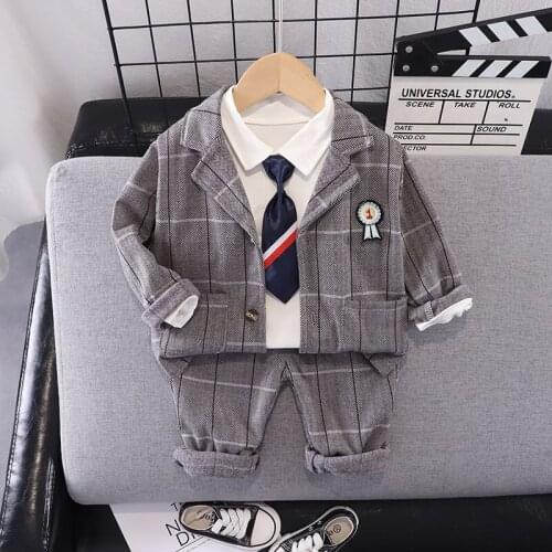 New Children Cotton Formal Clothes Baby Boys Shirts Plaid Wedding Coat Pants 3Pcs/sets Outwear Kids Toddler Clothing Party Cloth