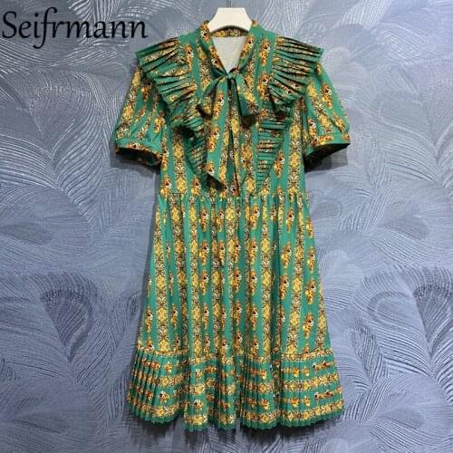 Seifrmann New 2021 Summer Women Fashion Designer Party Midi Dress Lantern Sleeve Bow Ruffles Pleated Floral Print Ladies Dresses