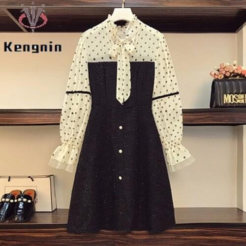 Loose Oversized Women Party Dresses 2021 Autumn French Style Female Robe Dress Dot Print Patchwork Black Bow Lady Dresses KE1786